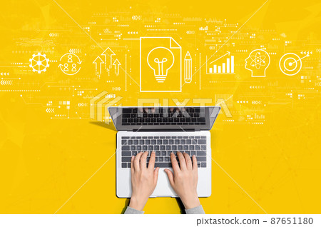 Idea of success theme with person using laptop Idea of success theme with person using laptop 87651180