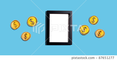 Blank photo frame with coins - earn online theme Blank photo frame with coins - earn online theme 87651277