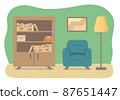 Reading nook with armchair, bookcase and floor lamp 87651447