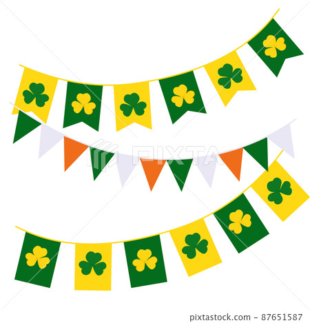 Garlands with a clover flower. Happy St Patrick's Day. Flags are a template for a party by March 17. Vector stock illustration. Isolated on a white background. Garlands with a clover flower. Happy St Patrick's Day. Flags are a template for a party by March 17. Vector stock illustration. Isolated on a white background. 87651587