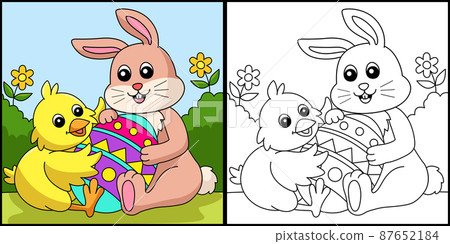 Rabbit And Chick Hugging Easter Egg Illustration 87652184