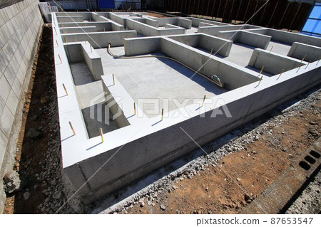 A solid foundation for a newly built single-family house that has been completed and the temporary frame has been removed. 87653547