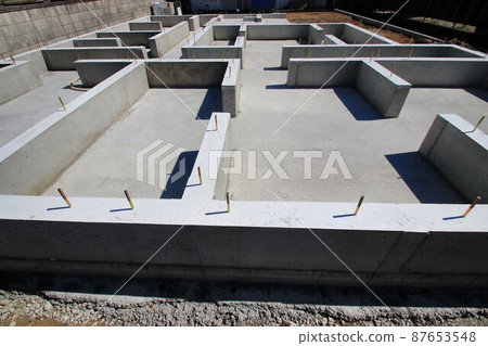 A solid foundation for a newly built single-family house that has been completed and the temporary frame has been removed. A solid foundation for a newly built single-family house that has been completed and the temporary frame has been removed. 87653548