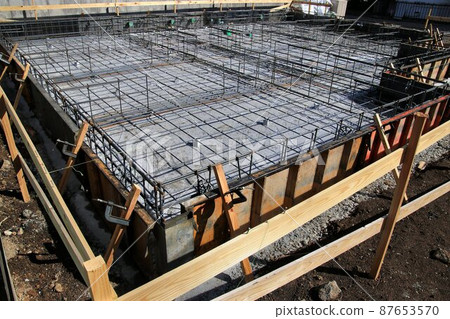 Solid foundation of a newly built single-family house with completed reinforcement 87653570