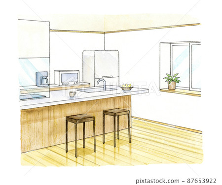 廚房和餐廳內景珀斯手繪水彩 87653922