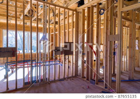 Installed of hot red and cold blue pex pipe layout PVC waste water system in kitchen Installed of hot red and cold blue pex pipe layout PVC waste water system in kitchen 87655135
