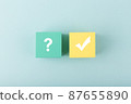 Concept of searching for solution or ideas, doubts, uncertainty and final good result. Question sign and checkmark 87655890