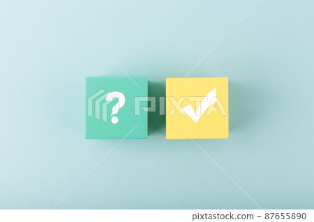 Concept of searching for solution or ideas, doubts, uncertainty and final good result. Question sign and checkmark 87655890