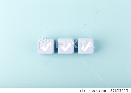Three white checkmarks on blue toy cubes in a row on bright pastel blue background with copy space Three white checkmarks on blue toy cubes in a row on bright pastel blue background with copy space 87655925