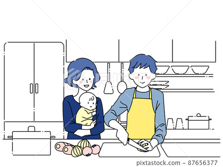 一個男人做飯，一個妻子和一個孩子看著 87656377