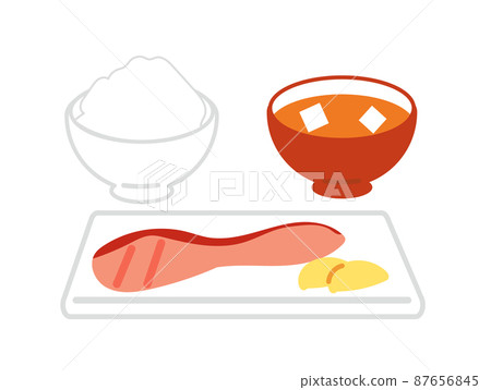 Illustration of Japanese food with rice, miso soup and grilled salmon 87656845