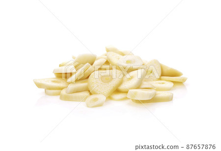 Fresh sliced garlic isolated on white background Fresh sliced garlic isolated on white background 87657876