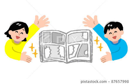 Two men and women who introduce and admire manga (hand-painted color) 87657998