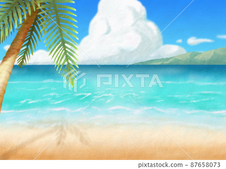 夏日海與藍天背景 | 積雨雲、沙灘、手繪插圖（留有文字空間） 87658073