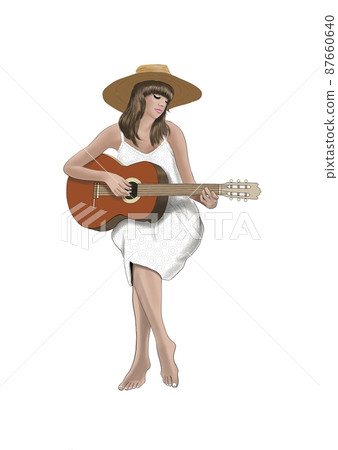 彈吉他的女人，夏天，假期，金發女人，戴草帽的女人，女人唱歌 87660640
