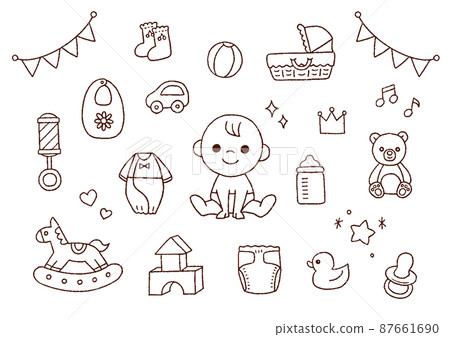 Hand-drawn line drawing illustrations of babies and baby goods 87661690