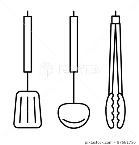 Icon set for kitchen tools (slicing, ladle, tongs) 87661750