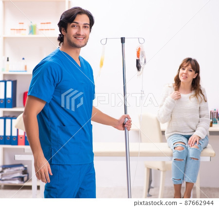 The young male foctor and female patient in blood transfusion co The young male foctor and female patient in blood transfusion co 87662944
