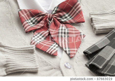 Blazer skirt, cardigan and ribbon in high school uniform Blazer skirt, cardigan and ribbon in high school uniform 87663019