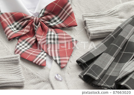 Blazer skirt, cardigan and ribbon in high school uniform Blazer skirt, cardigan and ribbon in high school uniform 87663020