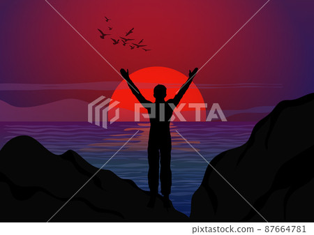 drawing concept silhouette Thanksgiving the man standing to raise your hand with sea and sunset background vector illustration 87664781