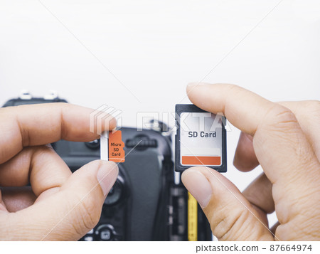 Memory micro SD and SD cards are compared for usage with digital DSLR cameras 87664974