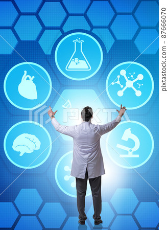 Telemedicine concept with doctor pressing virtual buttons Telemedicine concept with doctor pressing virtual buttons 87666070