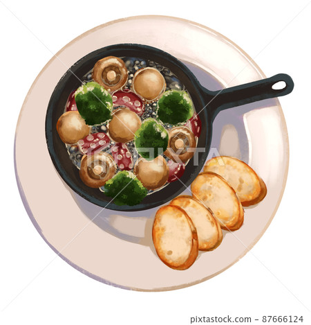 Illustration of mushroom, octopus and broccoli ajillo handwritten background transparent 87666124