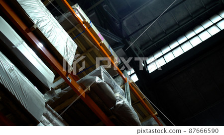 Retail Warehouse full of Shelves with Goods in Cardboard Boxes. Modern industrial warehouse interior. Logistic distribution industrial interior room. 87666590