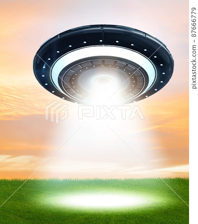 Illustration of flying saucer emitting light - 3d rendering 87666779