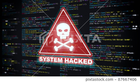 Abstract Modern tech of Programming code screen with Warning alert of System hacked. Virus, Malware, Cyber attack, and Internet cyber security Concept. 3D illustration. 87667406