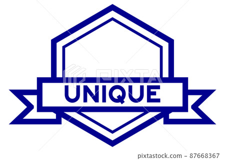 Vintage hexagon label banner with word unique in blue color on white background 87668367