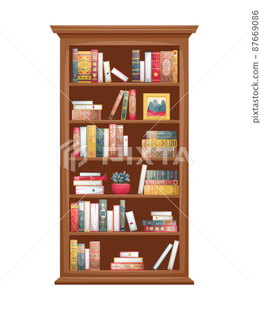 Isolated illustration of a wooden bookcase with books. Book spines in retro style. 87669086