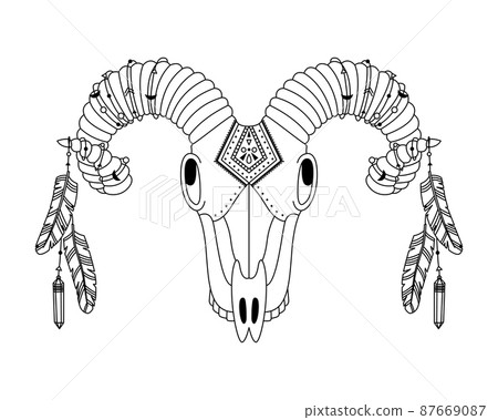 Animal skull in boho style with geometric ornaments and bird feathers. Tribal illustration in simple style. 87669087