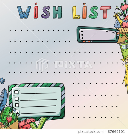 Vector doodle template with creative illustrations and lettering. Wish list, dreams. 87669101