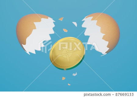 3D rendering Eggs cracked with gold XRP, Cryptocurrency new investment technology digital money concept design on blue background with copy space 3D rendering Eggs cracked with gold XRP, Cryptocurrency new investment technology digital money concept design on blue background with copy space 87669133