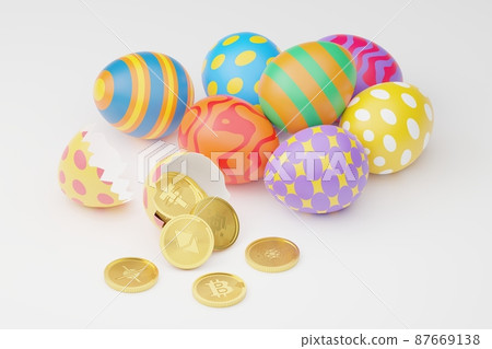 Isometric 3D rendering Easter eggs with gold Bitcoin, XRP, Cardano, Tether, Binance and Ethereum, Cryptocurrency investment technology digital money concept design on white background with copy space Isometric 3D rendering Easter eggs with gold Bitcoin, XRP, Cardano, Tether, Binance and Ethereum, Cryptocurrency investment technology digital money concept design on white background with copy space 87669138