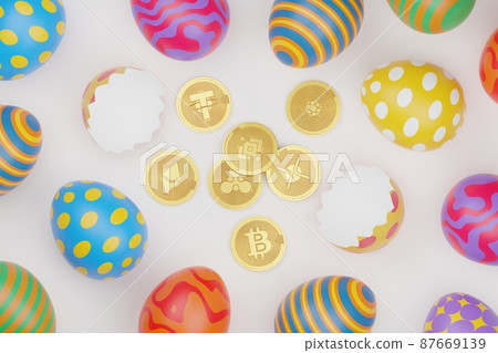3D rendering Easter eggs with gold Bitcoin, XRP, Cardano, Tether, Binance and Ethereum top view, Cryptocurrency investment technology digital money concept design on white background with copy space 3D rendering Easter eggs with gold Bitcoin, XRP, Cardano, Tether, Binance and Ethereum top view, Cryptocurrency investment technology digital money concept design on white background with copy space 87669139