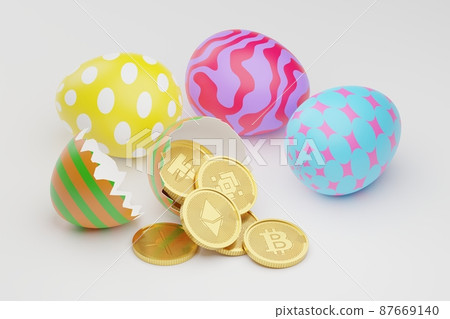 Isometric 3D rendering Easter eggs with gold Bitcoin, XRP, Cardano, Tether, Binance and Ethereum, Cryptocurrency investment technology digital money concept design on white background with copy space Isometric 3D rendering Easter eggs with gold Bitcoin, XRP, Cardano, Tether, Binance and Ethereum, Cryptocurrency investment technology digital money concept design on white background with copy space 87669140