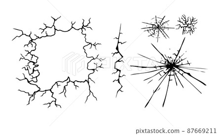 Ground cracks, horizontal breaks on land surface isolated on transparent background. Vector realistic set of fissure in ground, crevices from disaster or drought, black fractures top view 87669211