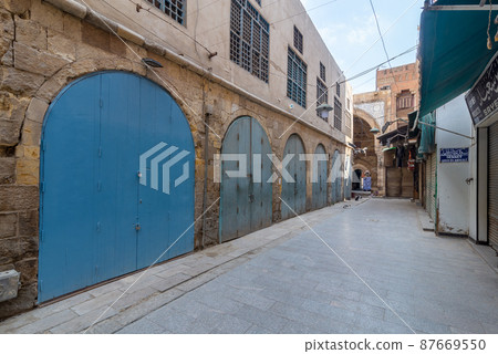 Historic Mamluk era Khan al-Khalili bazaar and souq, closed during Covid-19 lockdown, Cairo, Egypt 87669550