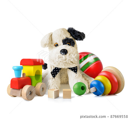 Many colorful children's toys collection on a white background 87669558