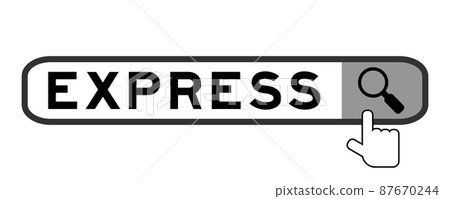 Search banner in word express with hand over magnifier icon on white background Search banner in word express with hand over magnifier icon on white background 87670244