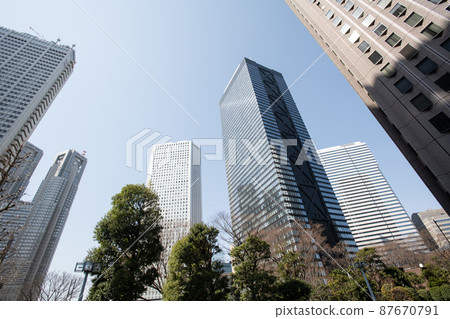 東京摩天大樓和路邊樹木的風景 87670791