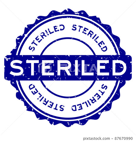 Grunge blue steriled word round rubber seal stamp on white background 87670990