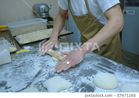 Baker hands forming dough with a rolling pin. Bakery, baking bread Baker hands forming dough with a rolling pin. Bakery, baking bread 87671268