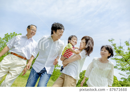 Three generation family playing in the park 87671688