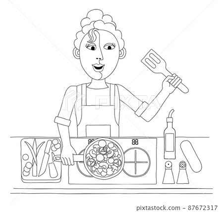 Woman Cooking Vegetable Curry Chinese Food Kitchen 87672317