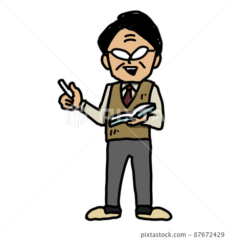 Illustration of a veteran male teacher teaching with chalk and a textbook Illustration of a veteran male teacher teaching with chalk and a textbook 87672429