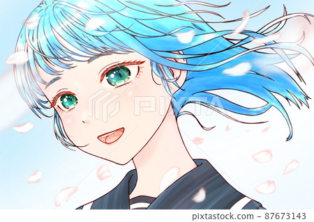 側身的女學生彩色插畫,櫻花花瓣隨風飄揚。・藍髮綠瞳。 側身的女學生彩色插畫,櫻花花瓣隨風飄揚。・藍髮綠瞳。 87673143